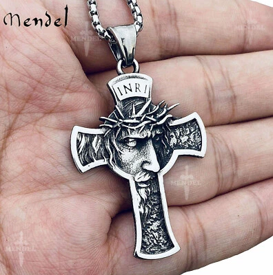 MENDEL Mens Stainless Steel Jesus Christ Face Crucifix Cross Pendant Necklace - Image 1 of 4
