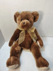 Kellytoy Brown Bear With Gold Bow Soft 26" Bean Bag Feet And Hands Made In USA - Picture 1 of 7