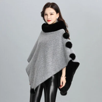 Lady Faux Fur Collar Cape Cloak Poncho Wrap Shawl Outerwear Thermal Loose Casual - Image 1 of 4