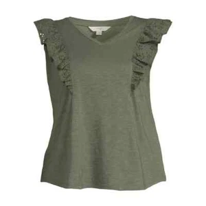 Top para mujer verde Terra & Sky cuello en V con volantes talla grande 0X (14W) - Imagen 1 de 5