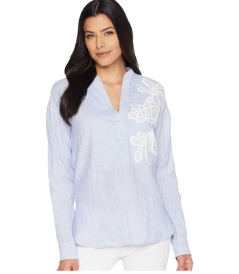 Top Ralph Lauren Azul Blanco Rayas Lino Apliques Talla Grande Foto 1 de 4