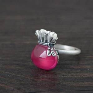 I05 Ring Bag Pouch Pink-Red Corundum Silver 925 Adjustable Size - Imagen 1 de 1