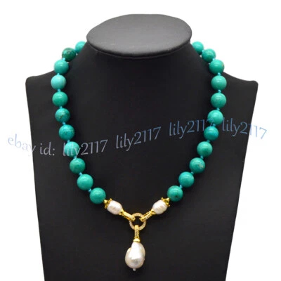 Natural Green Turquoise Round Gems Beaded White Pearl Pendant Necklace 14-32'' - image 1 of 4