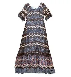 Vintage Dress | 1970s Vintage Brown Zig Zag Maxi Dress Size 12 Boho Retro Hippy - Picture 1 of 6