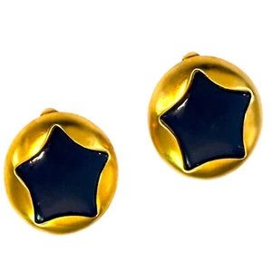 Orecchini Clip On Firmati Essex Rotondi Oro Blu Navy Stella Dichiarazione Vintage - Foto 1 di 6