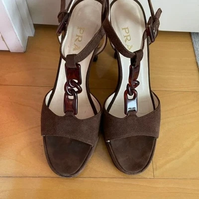 PRADA Suede Sandals Brown Size 38.5 (US 7.5) Tortoise Chain Detail Italy Made - Image 1 of 4