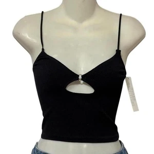 Y2K Black Rhinestone Cutout Cami XS Stretch Knit V Neck Crop Out From Under - Picture 1 of 7