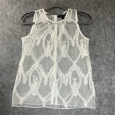Blusa Polo Ralph Lauren Mujer Mediana Blanca Sin Mangas Encaje Transparente Malla Boho Top Foto 1 de 4