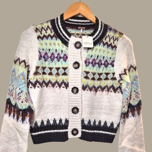 Free People Strickjacke Millie Printed Cardigan Haferflocken Kombi Gr. XS Neu mit Etikett UVP 188£ - Bild 1 von 13