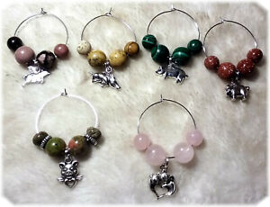 Set of 6 Wine Glass Charms Natural Stone & Piggy Charms 