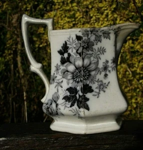 jug, antique, black & white, flowers transfer, hexagonal shape. 6", VGC - Picture 1 of 12