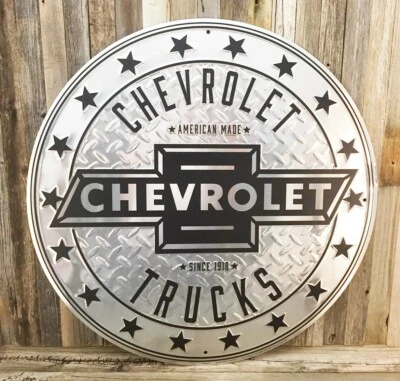 Chevrolet Chevy Trucks Diamond Plate Embossed Large Metal Tin Sign 24" Garage - Image 1 of 2