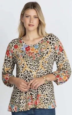 Blusa para mujer Johnny Was Animal Cheetah rosa azul flores Foto 1 de 4
