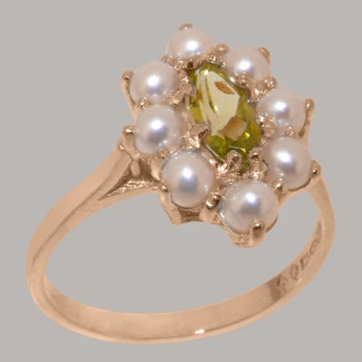 Solid 9ct Rose Gold Natural Peridot & Full Pearl Womens Cluster Ring - Image 1 of 4