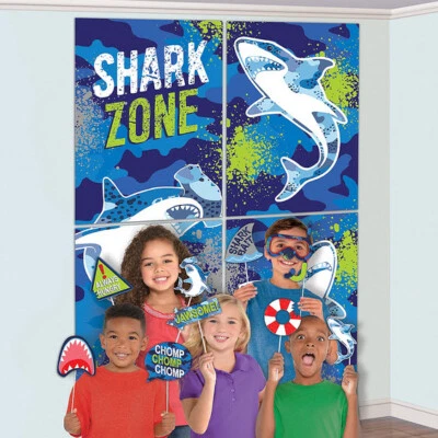 SHARK ZONE Scene Setter party wall BACKDROP fish ocean jaws 12 photo booth props - Image 1 of 4