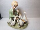 Vintage Ardalt Linwile Hand Painted Bisque Boy Figurine Sitting Feeding Geese