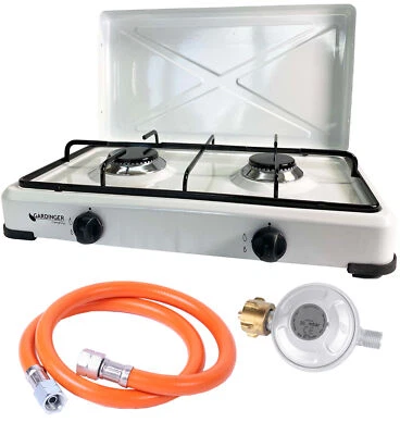 Set Duo Campingkocher weiß zweiflammig 30 mbar + Deckel + Gasschlauch + Regler - Bild 1 von 4