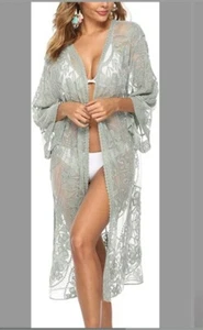 Beautiful Sage Green/Gray Women's Bohemian Lace Cover Up Long Cardigan Duster XL - Picture 1 of 4