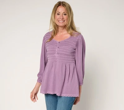 Top para mujer LOGO by Lori Goldstein talla L 100 % algodón con pintucks púrpura A692534 Foto 1 de 4