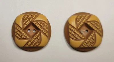 Vintage Art Deco Buttons Set of 2 Large Brown Tan Carved Geometric Appox. 1" - Image 1 of 4