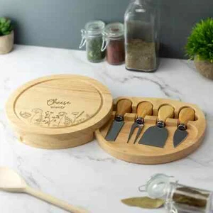 Personalised Wild Flower Engraved Wooden Cheese Board With Utensils - Picture 1 of 12