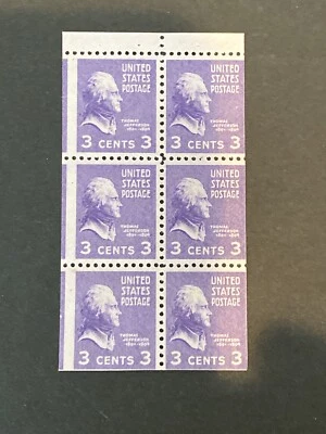 US Stamps-SC# 807A - Jefferson - 3 Cent  Booklet - Perf Error - MNH - CV $8.50 - Image 1 of 2