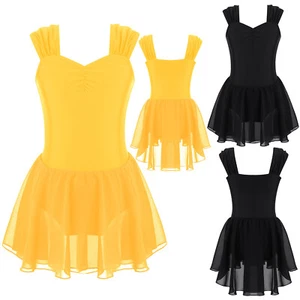 Kids Girls Ballet Dance Dress Gym Skating V Neckline Solid Color Leotard Dress - Picture 1 of 32