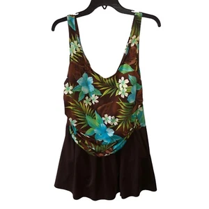 White Stag Size 22 W Brown Tropical Floral One Piece Tank Swim Dress Swimsuit - Picture 1 of 9