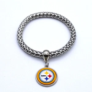 Pittsburgh Steelers Team Logo Charm Dangle Fashion Silver Tone Stretch Bracelet - Picture 1 of 1