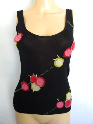 Camiseta sin mangas Lillie Rubin pequeña negra con apliques florales rosas y verdes y cuentas pequeñas Foto 1 de 4