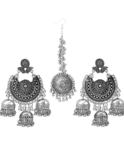 Indian Silver Oxidized Ethnic Bollywood Maang Tikka Bahubali Earrings Jhumka Set - Picture 1 of 4