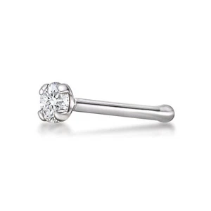 14K White Gold Straight Bone Nose Stud Ring With 0.05 Carat Diamond - 20 Gauge - Picture 1 of 12