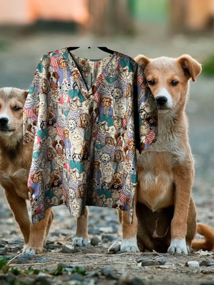 Cherokee V- Neck Uniform Short Sleeve Features Dogs Size 3XL NWT - Image 1 of 4