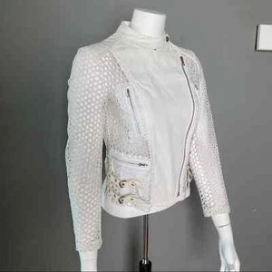 Yigal Azrouel Moto Jacke Gr. 4 Allover Netz Häkelspitze Leder weiß - Bild 1 von 11