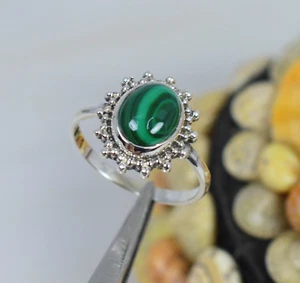Green Malachite Gemstone Ring 925 Sterling Silver Statement Ring Lovely Item - Picture 1 of 6