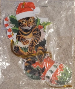 Brown Tabby Cat in Christmas stocking acrylic Christmas ornament (v. nice) - Picture 1 of 1