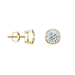 IGI F/VS 2 Ct Round-Cut Lab Grown Diamond Earrings 14K Yellow Gold Bezel - Picture 1 of 3