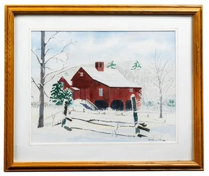 Vintage New Hampshire Aquarell, Scheune, unleserlich signiert, 1999. Rahmen 16" x 20" - Bild 1 von 6