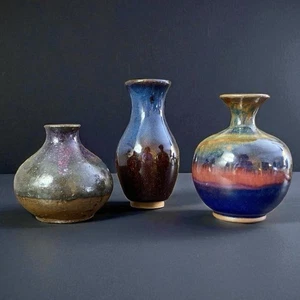 VTG Japanese Weed Pot Mini Vase Set of 3 Drip Glaze Wabi Sabi Lot Collection - Picture 1 of 13