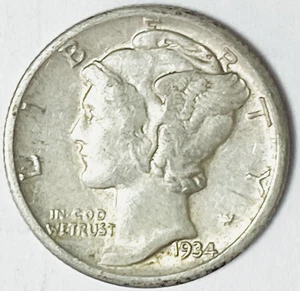 Moneda de diez centavos de plata Mercury 1934 D 10c rara Denver - Imagen 1 de 2
