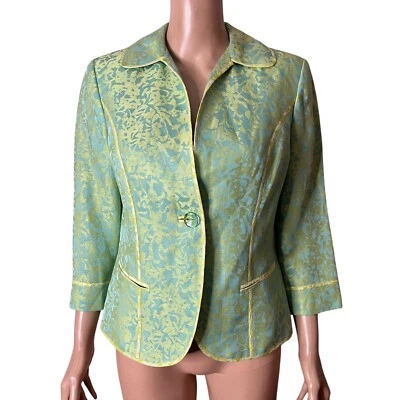 Sigrid Olsen Collection Blazer Size 4 Green Yellow Floral Brocade 3/4 Sleeve - Image 1 of 4