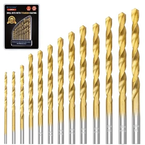 13 Pcs Titanium Coated Drill Bit Set 135 Degree Tip High Speed Steel Hss Bits - Picture 1 of 7