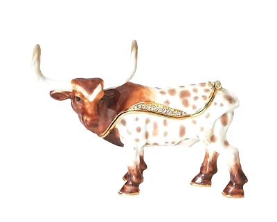 Larry Long Horn Hinged Trinket / Jewelry Box Pewter Bejeweled Kingspoint