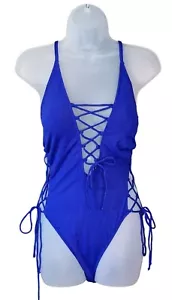 Tempt Me Women Royal Blue Strappy One-Piece Lace-Up Ribbed Swimsuit Size L Lined - Picture 1 of 9