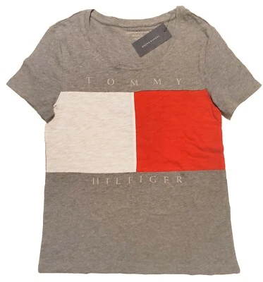 Camiseta feminina Tommy Hilfiger moderna bandeira de DNA ajuste descontraído cinza vermelha branca m - Imagem 1 de 3