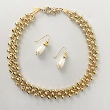 Franseca Visconti Necklace Set Gold Tone  Weaved Ball Earrings Simulated Pearl
