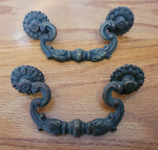 2 Antique Cast Brass Drawer Pulls Ornate Sunflower Curves and Curls 4 1/4" Heavy