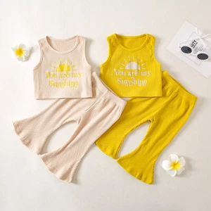 Kids Baby Girls Letter Printed Tank Tops + Elastic Waist Flare Pants Outfits Set - Picture 1 of 13