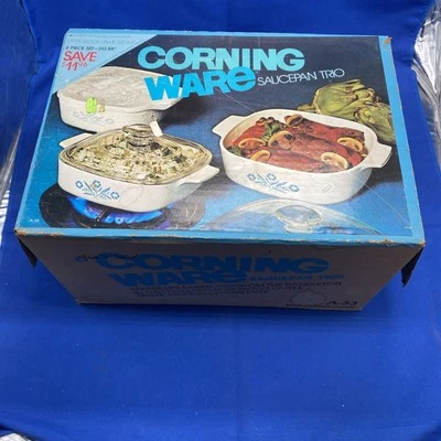 NOB VTG 1970 Corning Ware Cornflower 6 PC Covered Casserole Set Saucepan Trio - Image 1 of 4