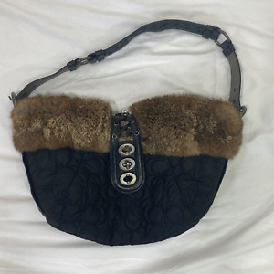 Coach Womens Handbag Purse Black Quilted Rabbit Fur Trimmed Hobo Bag